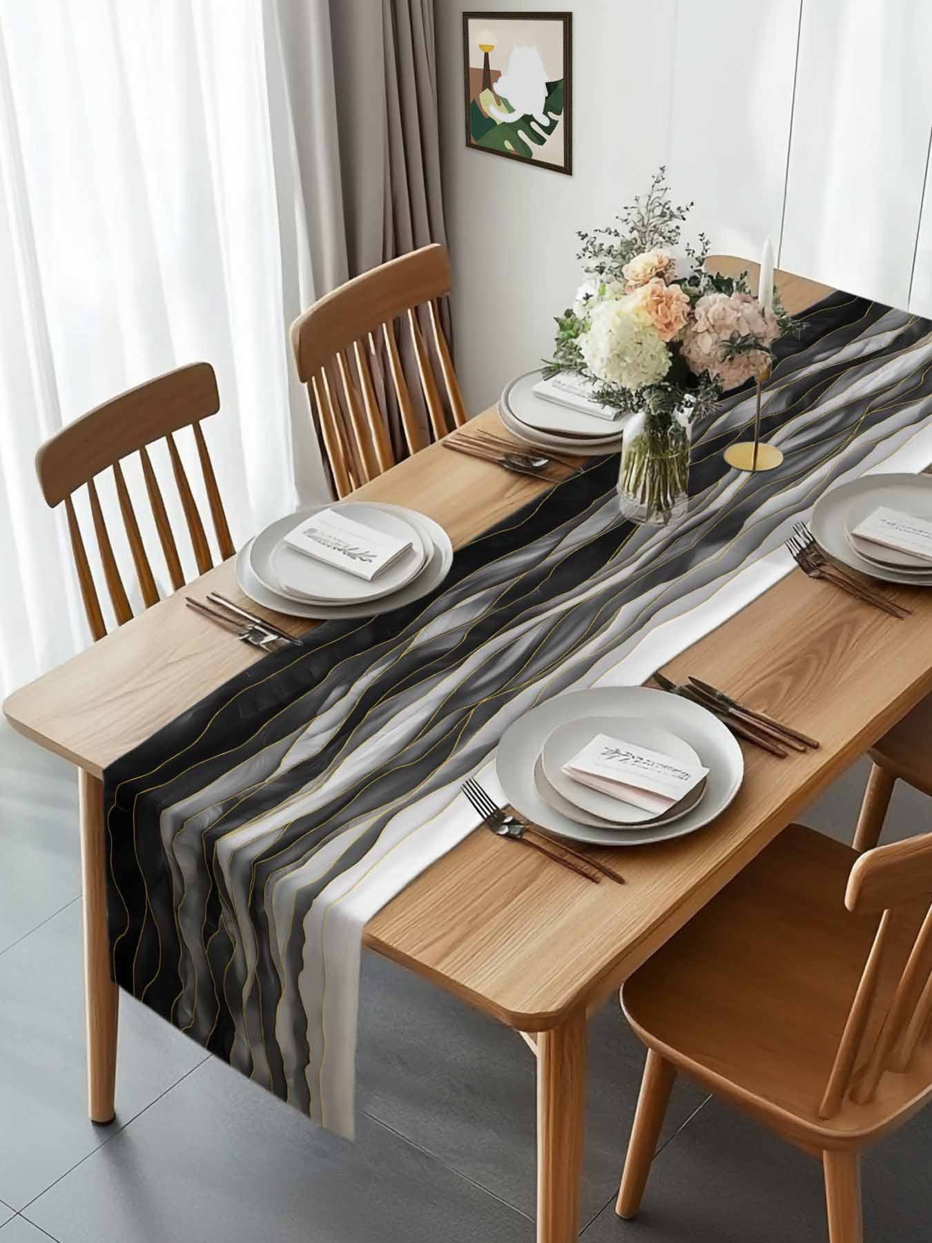 Black Grey Color Gradient Art Table Runner 90 Inches Long, Abstract Ombre with Gold Line Table Runners Tabletop Scarf Kitchen Dining Tables Decoration for Home Party Indoor Outdoor