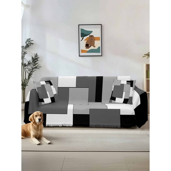 Black Grey Couch Cover for Dogs, Middle Century Irregular Geo Abstract Art Washable Sofa Covers Slipcover for Pets Dogs Futon Cover, Couch Recliner Covers, Oversized Chair Slipcover 71"x91"