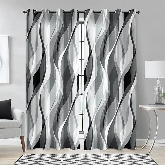 Black And Grey Curtains Modern Striped Decorative Light Blocking Darkening Grommet Grey Curtain For Living Room Villa, Bedroom Gray And White 26"W x 45"L (Pack of 2)
