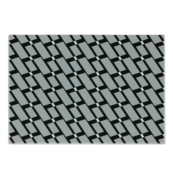 Black and Grey Cutting Board, Monotone Diagonal Rectangle Geometric Shapes Pattern on Black Background, Decorative Tempered Glass Cutting and Serving Board, Small Size, Black and Grey, by Ambesonne