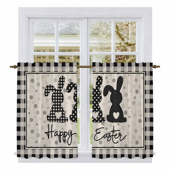 Black Grey Easter Kitchen Curtain for Berdoom Living Room Cafe 54 Inch Length, Polka Dot Bunny Spring Vintage Plaid Checkered Tiers Curtains Light Filtering Drapes Window Treatment 2 Panels 52"Wx54"L