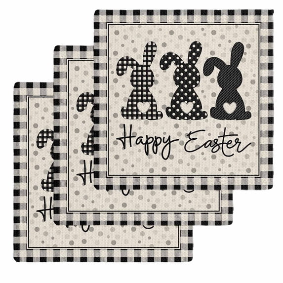 Black Grey Easter Kitchen Dish Towels for Drying Dishes Set of 3, Polka Dot Bunny Spring Vintage Plaid Checkered Waffle Weave Microfiber Hand Tea Bathroom Towels Quick Dry & Absorbent Towel 12x12
