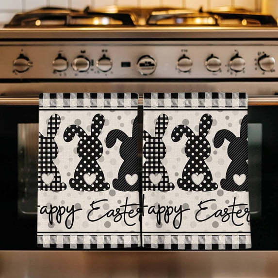 Black Grey Easter Kitchen Towels Set of 2, Polka Dot Bunny Spring Vintage Plaid Checkered Absorbent Dish Towels for Kitchen, Microfiber Hand Towel, Quick Drying Tea Towel for Cleaning Dishcloths