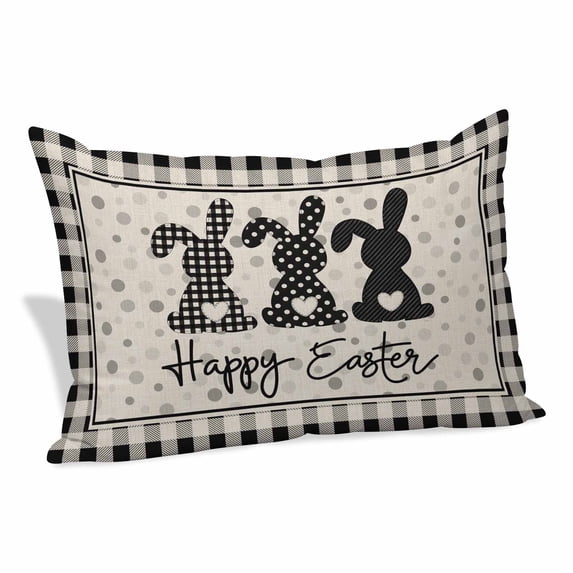 Black Grey Easter Pillow Covers 16"x24", Polka Dot Bunny Spring Vintage Plaid Checkered Soft Brushed Microfiber Breathable Throw Pillow Covers, Pillowcase with Zipper for Couch Sofa Bedroom