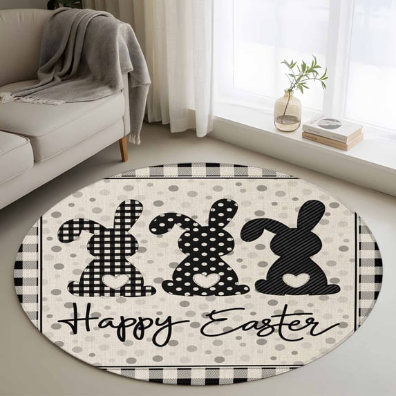 Black Grey Easter Round Area Rug 4Ft Washable Circle Rugs for Bedroom Dining Room, Polka Dot Bunny Spring Vintage Plaid Checkered Non-Slip Carpet Floor Mats Indoor Outdoor Carpet Runner Home Decor