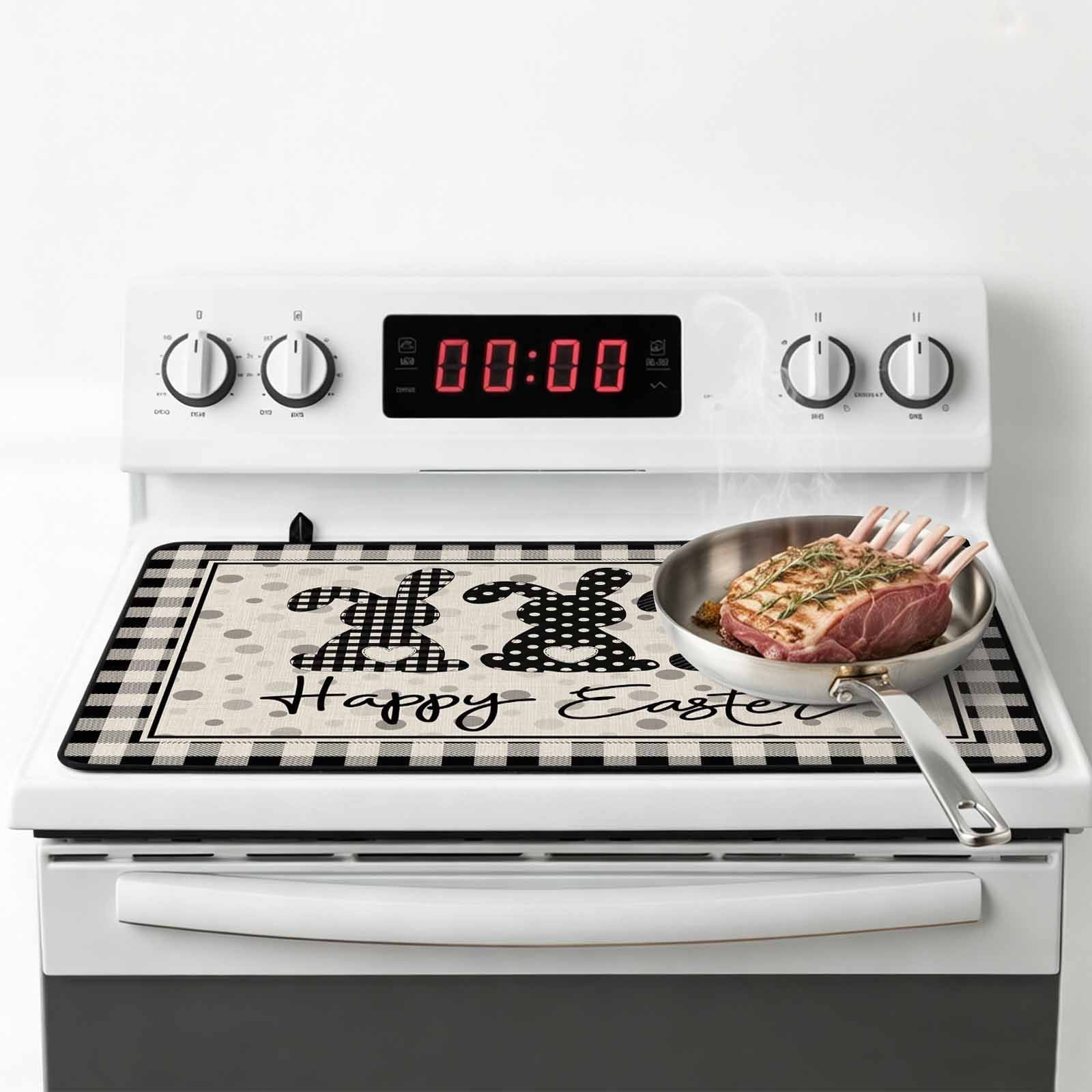 Black Grey Easter Stove Top Cover for Electric Stove,Heat-proof & Non Slip Glass Top Stove Cover Protector,Polka Dot Bunny Spring Vintage Plaid Checkered Kitchen Flat Cooktop Rubber Mat 24x21 Inches