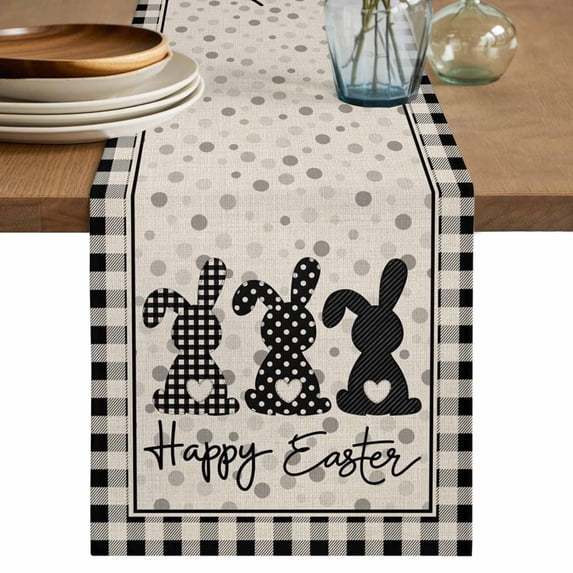 Black Grey Easter Table Runner 72 Inches, Polka Dot Bunny Spring Vintage Plaid Checkered Bed Runner Dresser Scarves Tabletop for Indoor Outdoor Parties/Ceremony/Banquet, 14" x 72"
