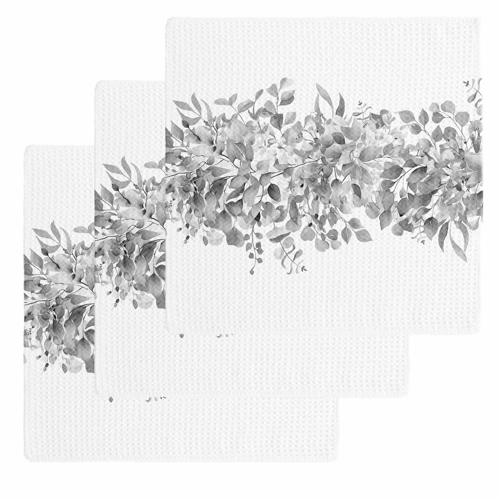 Black Grey Eucalyptus Leaves Dish Towels Set,Waffle Weave Kitchen Towels 3Pcs, Spring Summer Botanical Floral Microfiber Hair Face Bath Tea Towel Absorbent Quick Drying Cleaning Dish Cloths 12"x12"