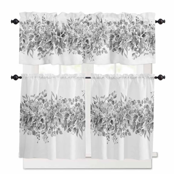 Black Grey Eucalyptus Leaves Kitchen Curtains and Valances Set, 3 Piece Kitchen Curtains Set 24 Inch Length, Spring Summer Botanical Floral Rod Pocket Curtains Tier Farmhouse Window Curtains