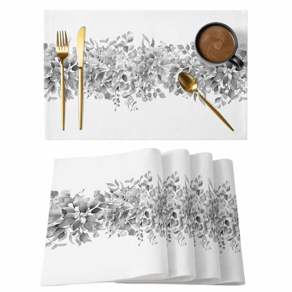 Black Grey Eucalyptus Leaves Placemats Set of 2,Cotton Linen Fabric Place Mats,Spring Summer Botanical Floral Decorative Table Mats Protector for Home Kitchen Dining Wedding Party Coffee Tables