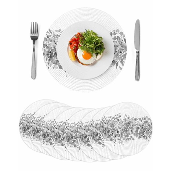 Black Grey Eucalyptus Leaves Round 13 Inch Placemats Set of 8, Spring Summer Botanical Floral HeatResistant Non Slip Place Mats for Dining Table, Wipeable Braided Kitchen Table Mats for Housewarming