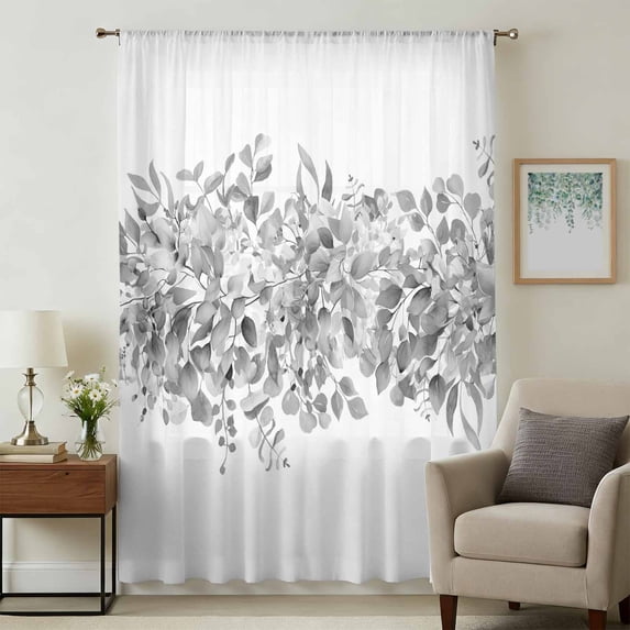 Black Grey Eucalyptus Leaves Sheer Curtains 72 Inches Long, Spring Summer Botanical Floral Light Filering Curtains, Breathable Simi Curtain Privacy Drapes for Living Room Bedroom Window Treatment
