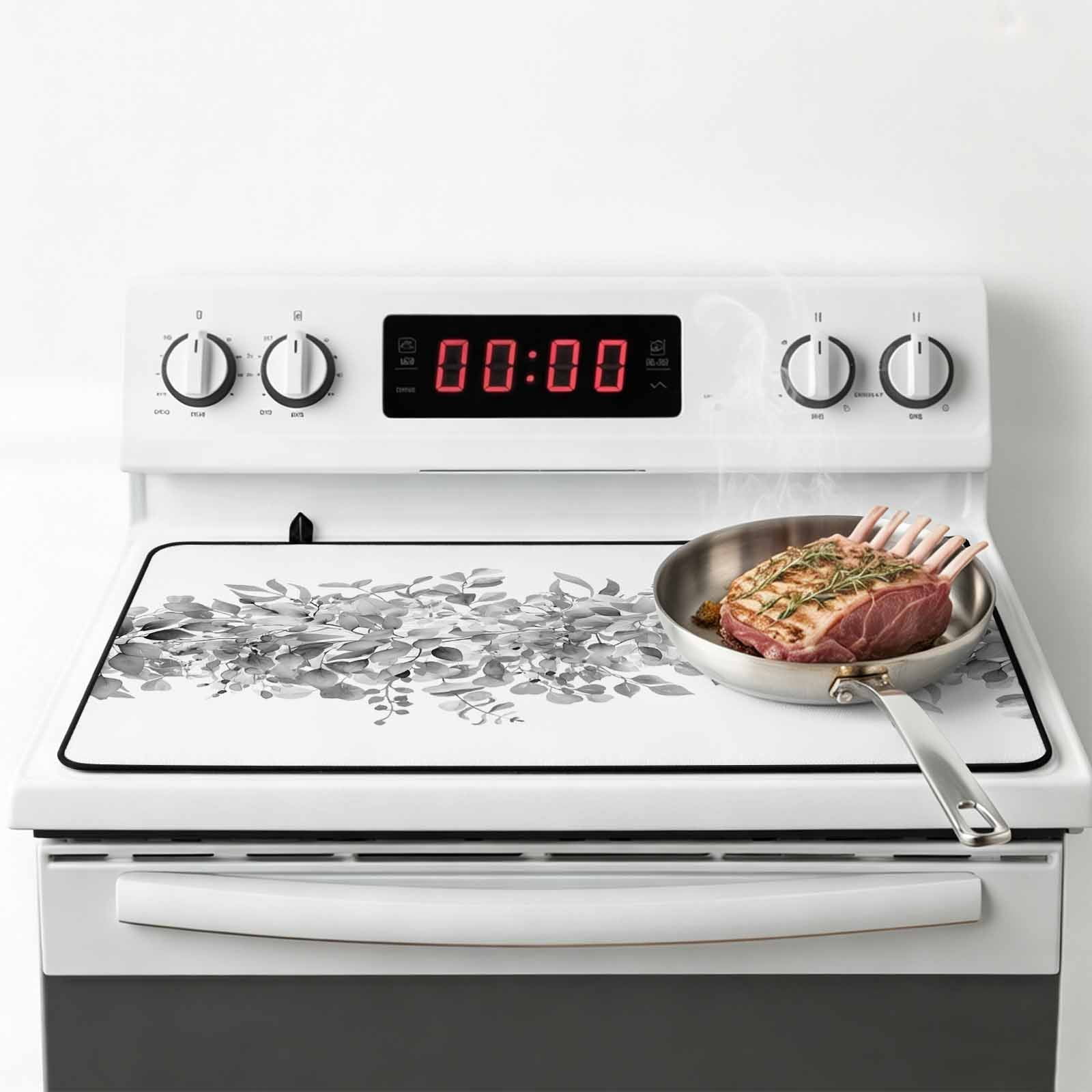 Black Grey Eucalyptus Leaves Stove Top Cover for Electric Stove, Heat-proof & Non Slip Glass Top Stove Cover Protector, Spring Summer Botanical Floral Kitchen Flat Cooktop Rubber Mat 36x21 Inches