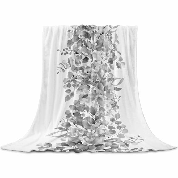 Black Grey Eucalyptus Leaves Throw Blanket for Couch,Soft Lightweight Flannel Fleece Blanket,Spring Summer Botanical Floral Microfiber Plush All Season Decorative Blankets for Sofa Office Lap 30"x40"