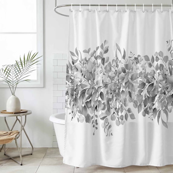 Black Grey Eucalyptus Leaves Waterproof Shower Curtain, Large 72"x84" Washable Polyester Fabric Shower Curtains for Bathroom, Spring Summer Botanical Floral Decorative Bathtub Curtain Sets with Hooks