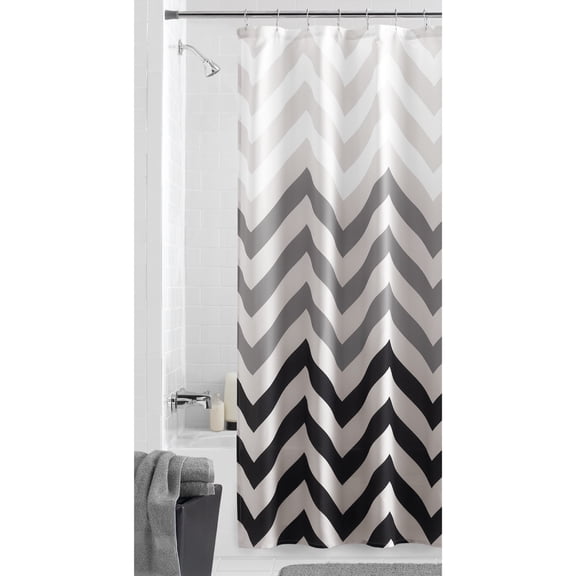 Black/Grey Fabric Shower Curtain, 70" x 72", Mainstays Flux Chevron Pattern on White