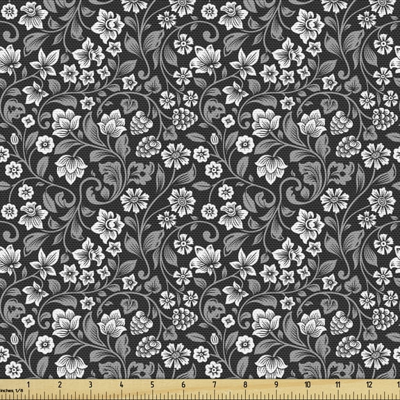 Ambesonne Black and Grey Fabric by the Yard Upholstery, Floral with Berries, 5 Yards, Taupe Taupe Grey