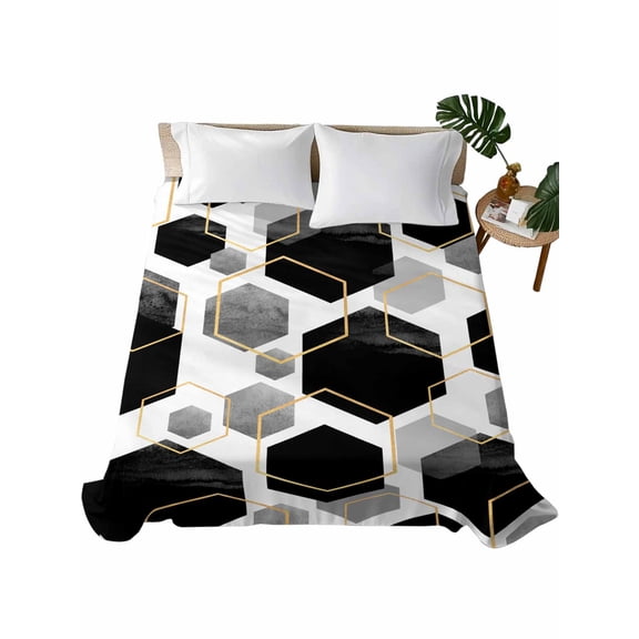 Black Grey Flat Sheet Only Twin Size, Soft Breathable Bed Top Sheets for Mattress, Geometric Gold White Hexagon Modern Luxury Bedding Flat Sheets for Home Hotel Bedroom Bed Protection
