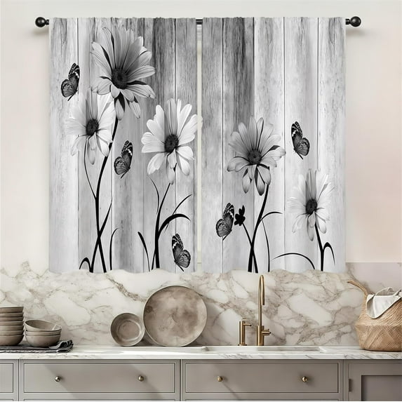 Black and Grey Floral Daisy Kitchen Curtains 27.5W X 39L Inch 2 Panel Rod Pocket Wooden Flower Rustic Daisy Vintage Butterfly Small Short Cafe Tier Window Drapes Country Bathroom Home Decor