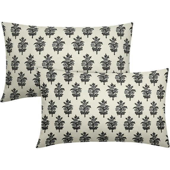 Black Grey Floral Lumbar Pillow Covers 12x20 Set of 2 Spring Flower Leaves Print Rectangle Decorative Throw Pillow Cases Outdoor Farmhouse Decoration for Sofa Couch Bed