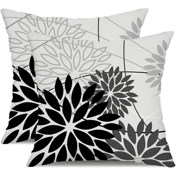 Black Grey Floral Pillow Covers 18x18 Set of 2 Outdoor Waterproof White Colored Decorative Throw Pillows Summer Pillowcase Polyester Cushion Case Decor for Couch Patio Funiture Garden Porch 01L