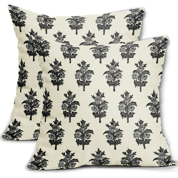 Black Grey Floral Pillow Covers 18x18 Set of 2 Spring Flower Leaves Print Decorative Throw Pillow Cases Outdoor Farmhouse Decoration for Sofa Couch Bed