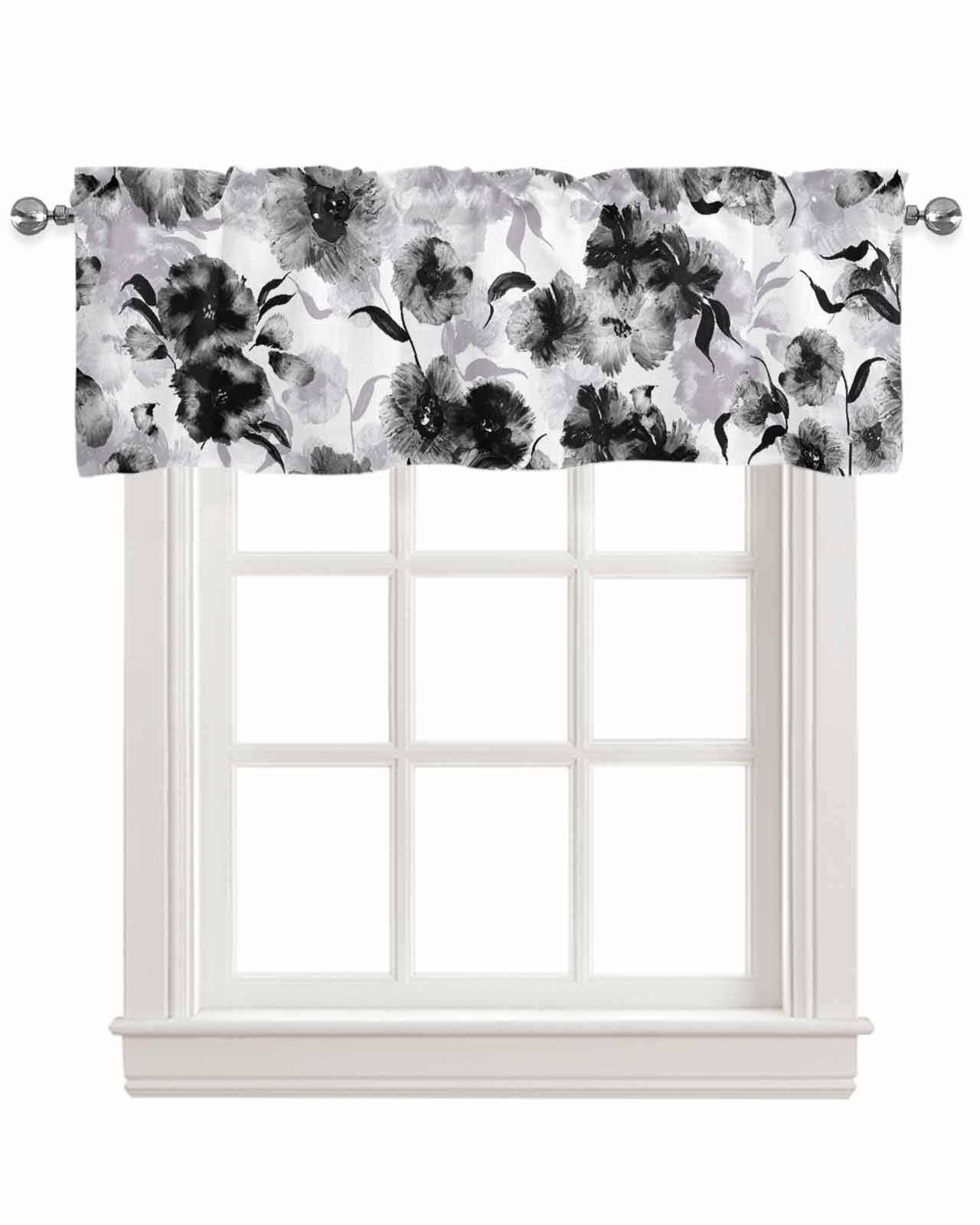 Black Grey Flower Linen Curtain Valance for Bedroom/Bathroom/Kitchen/Office/Living/Dining Room Windows, Watercolor Blossom Botanical Plant Rod Pocket Topper Decorative Cafe Drapes Panel 42"x18"