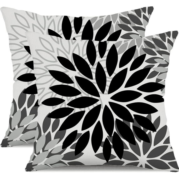 Black Grey Flower Pillow Covers 18x18 Inch Set of 2 White Gray Colored Throw Pillows Outdoor Waterproof Decor for Living Room Sofa Patio Funiture Garden Floral Polyester Pillow Covers 002I