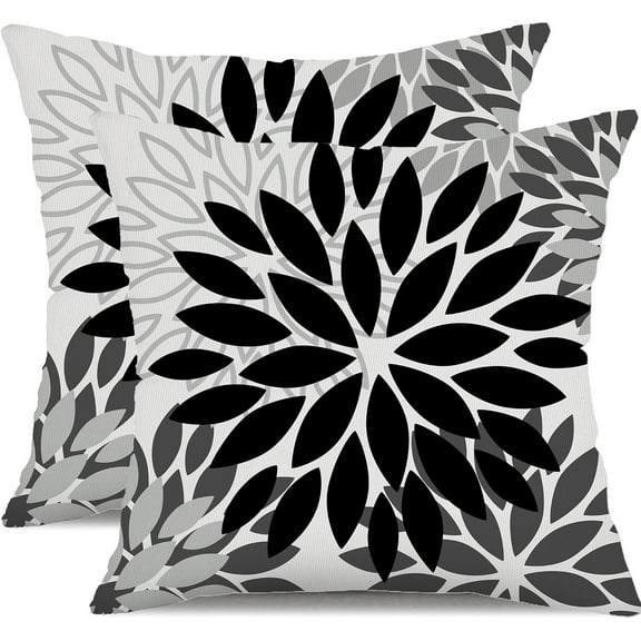 Black Grey Flower Pillow Covers 20x20 Inch Set of 2 White Gray Colored Throw Pillows Outdoor Waterproof Decor for Living Room Sofa Patio Funiture Garden Floral Polyester Pillow Covers 002I