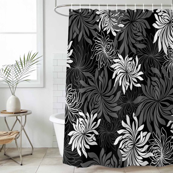 Black Grey Flowers Long Shower Curtain Set, Waterproof Shower Curtains for Bathroom, Modern Abstract Blooms Floral Washable Fabric Cloth Bath Curtain for Bathtub Decoration with Hooks 72x84 Inches