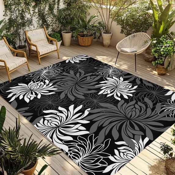 Black Grey Flowers Outdoor Rug for Patio/Deck/Porch, Non-Slip Large Area Rug 3 x 5 Ft, Modern Abstract Blooms Floral Indoor Outdoor Rugs Washable Area Rugs, Reversible Camping Rug Carpet Runner