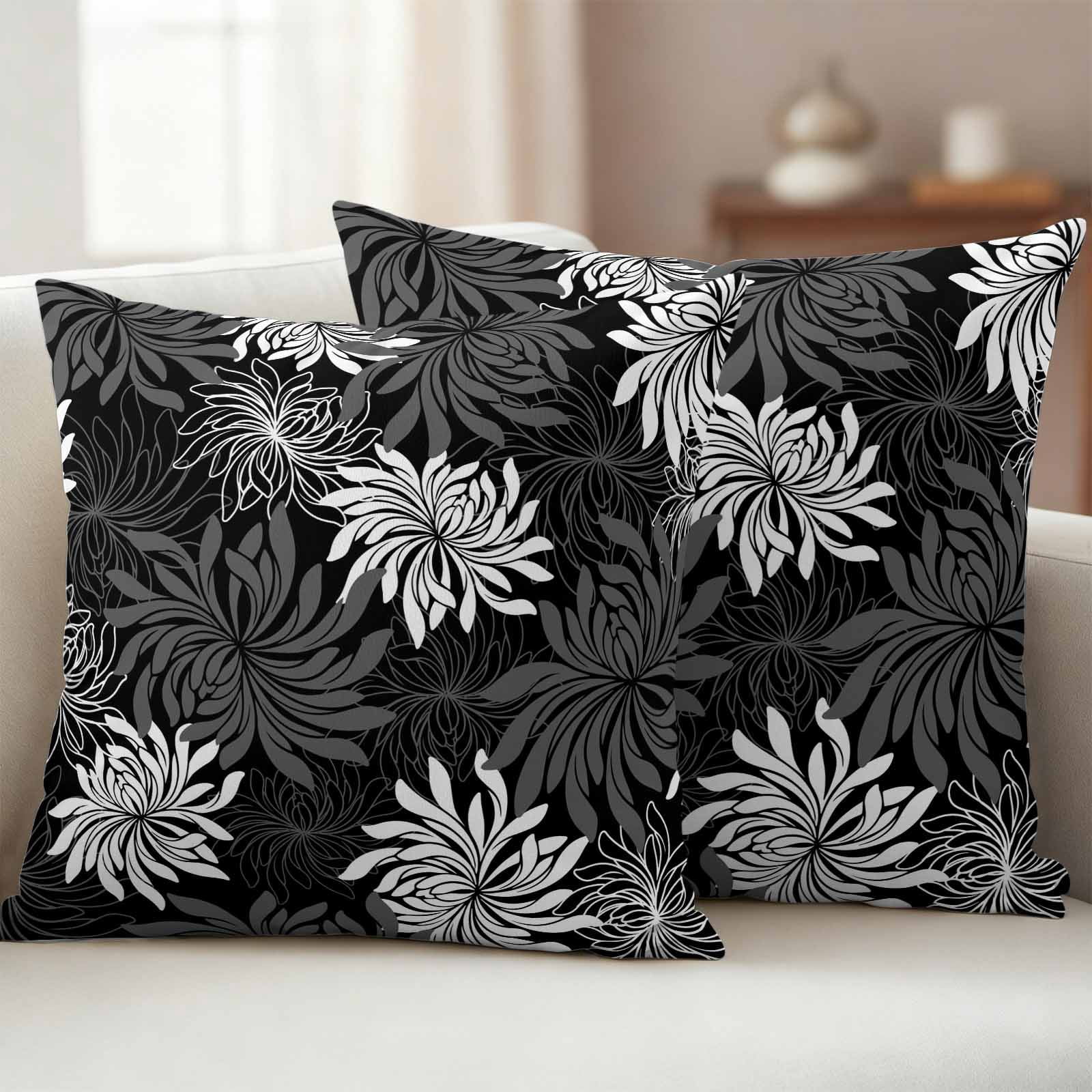 Black Grey Flowers Outdoor Waterproof Throw Pillow Covers 20x20 Set of 2, Modern Abstract Blooms Floral Decorative Pillowcases Cushion Pillowcase for Couch Sofa Patio Outside Pillow Protector