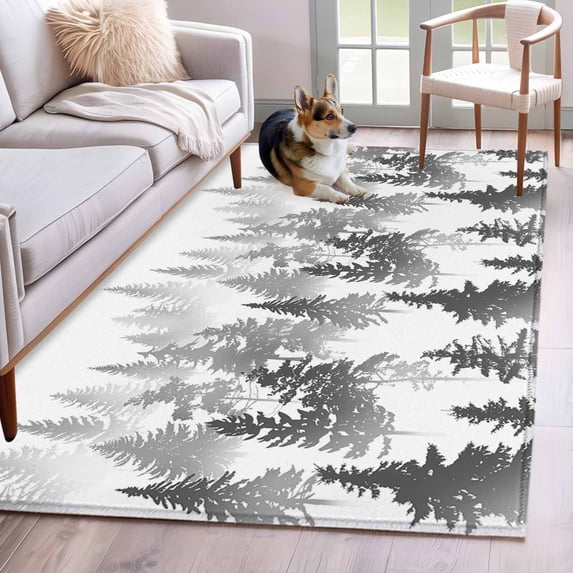 Black Grey Forest Area Rug 4x6 FT, Non Slip Kids Room Carpet, Contemporary Silhouette Abstract Art Washable Soft Floor Carpet Non-Shedding Throw Rug for Dorm Kitchen Study Room Home Office Bedside