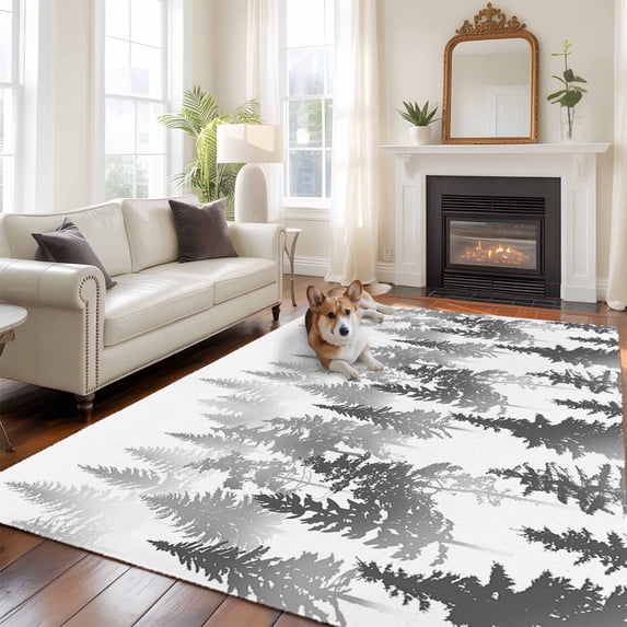 Black Grey Forest Area Rug 5x7 FT, Non Slip Bedroom Throw Carpet, Contemporary Silhouette Abstract Art Washable Soft Floor Carpet Non-Shedding Rug for Dining Room Bedside Classroom Desk