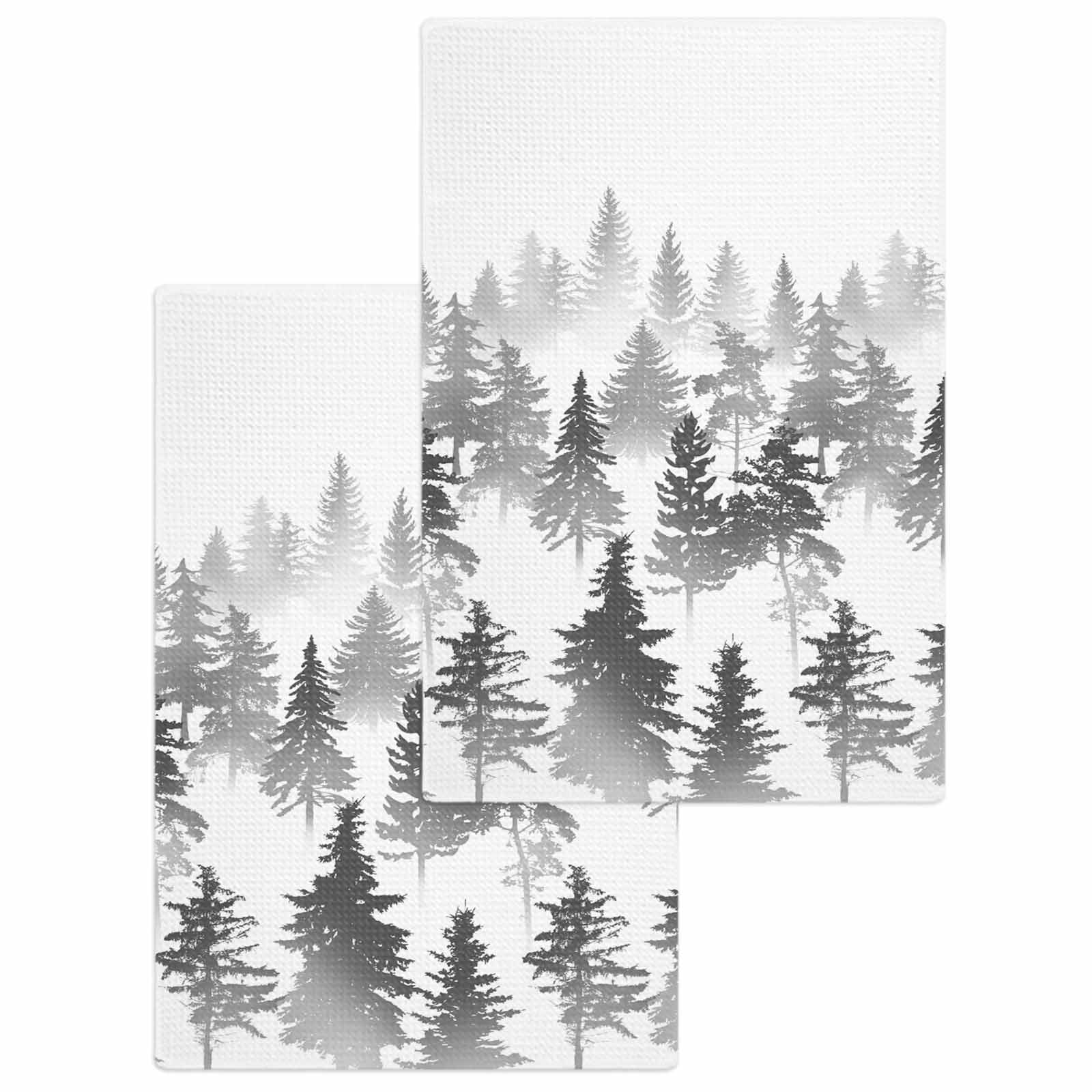 Black Grey Forest Hand Towels Set,Waffle Weave Kitchen Towels 2 Pieces ...