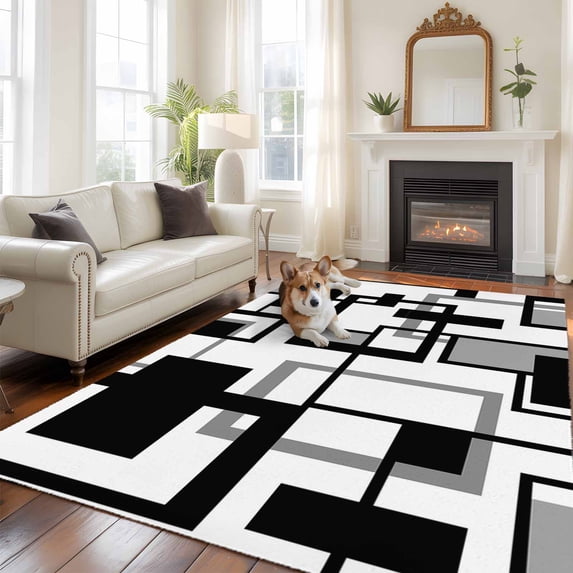 Black Grey Geometric Area Rug 5x8 FT, Non Slip Bedroom Throw Carpet, Modern Abstract Art White Washable Soft Floor Carpet Non-Shedding Rug for Living Room Nursery Dorm Office