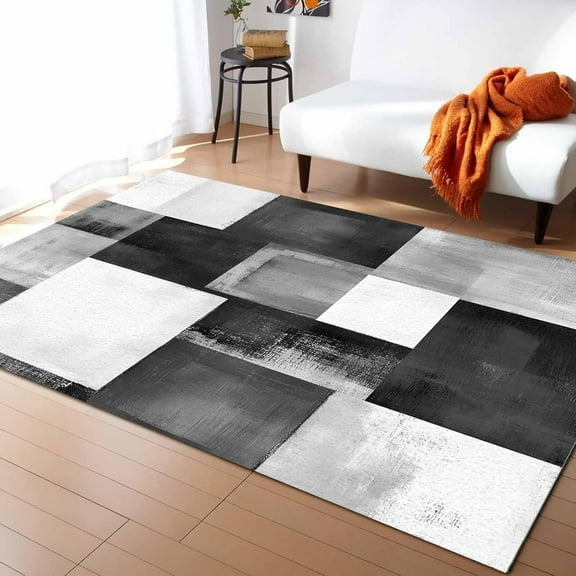 Black Grey Geometric Area Rugs Indoor Non-Slip Washable Rug 2x3ft Small, Abstract Plaid Modern Grey Black Rubber Backing Floor Mats Contemporary Home Decor Carpet for Entryway Living Room