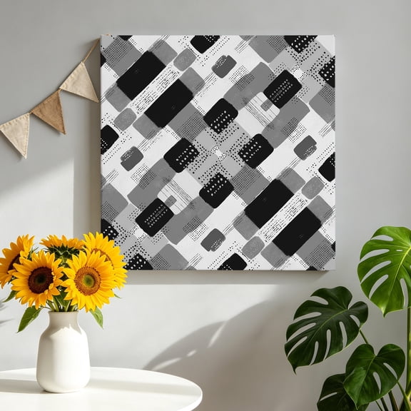 Black Grey Geometric Canvas Wall Art, Modern Abstract Black White Grey Blocks Framed Canvas Wall Decor Picture Print Artwork Decorations for Living Room Office Ready to Hang 8" x 8"
