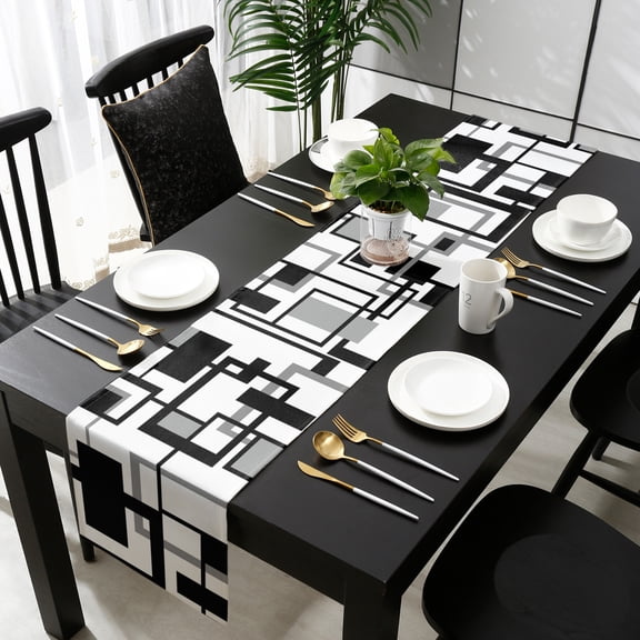 Black Grey Geometric Cotton Linen Table Runner 18 x 72 inch Modern Abstract Art White Non-slip Rectangular Dining Table Decor for Wedding Party Holiday Dinner