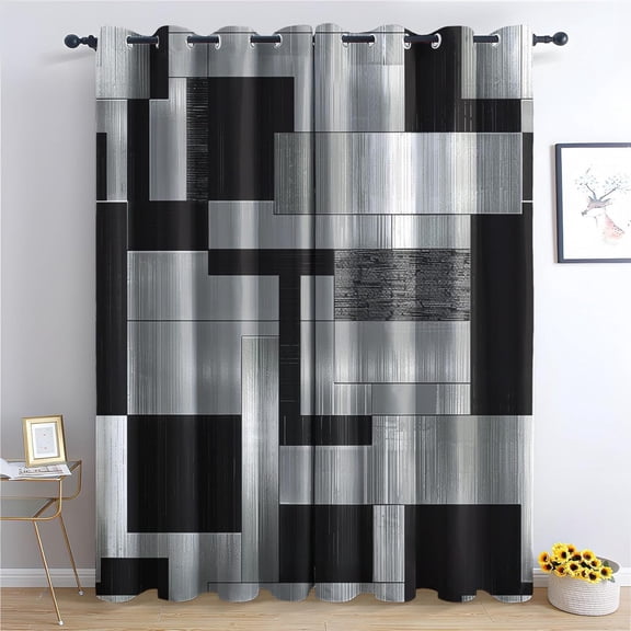 Black And Grey Geometric Curtains, Abstract Block Blackout Curtains For Bedroom Living Room Home Decor, Modern Minimalist Patterned Grommet Drapes 52"W x 96"L