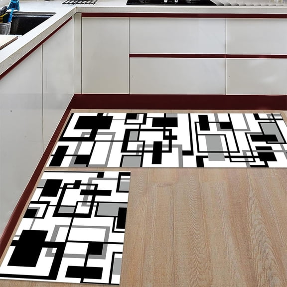 Black Grey Geometric Kitchen Mat Set 2 Piece Kitchen Rugs, Modern Abstract Art White Soft Non-Slip Rubber Backing Floor Mats Doormat Bathroom Runner Area Rug Carpet, 15.7x23.6in + 15.7x47.2in