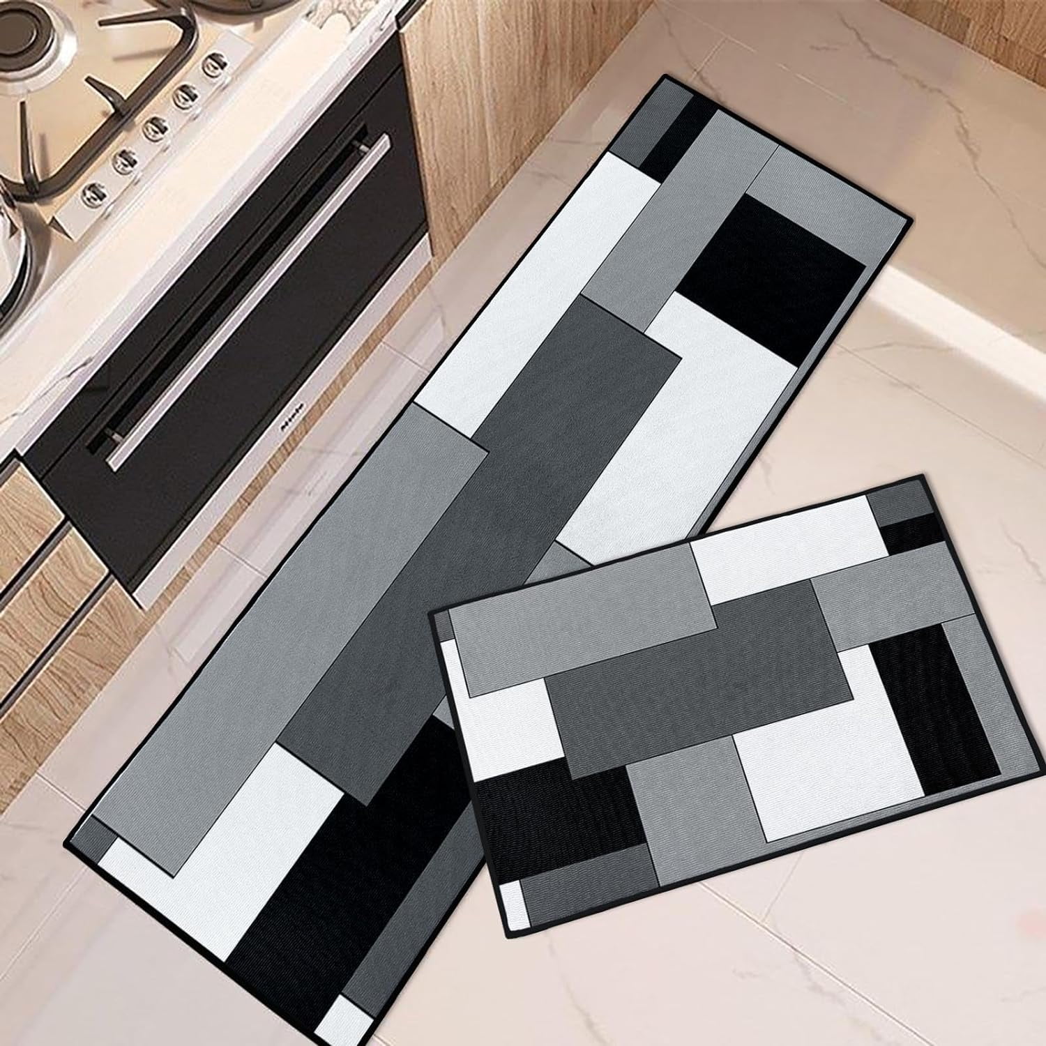 Black Grey Geometric Kitchen Rugs and Mats Non Skid Washable Set of 2 ...