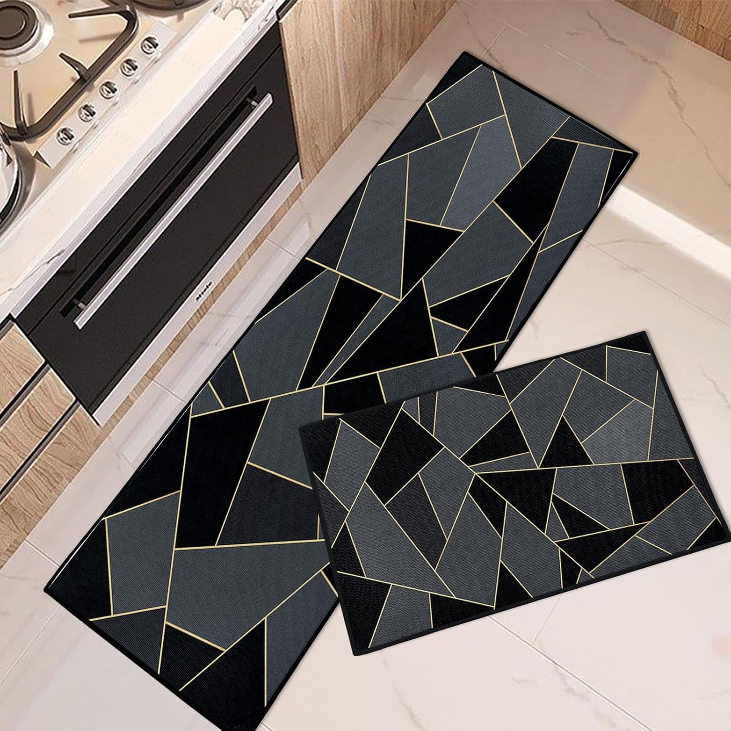 Black Grey Geometric Kitchen Rugs - Modern Triangle Design with Gold ...