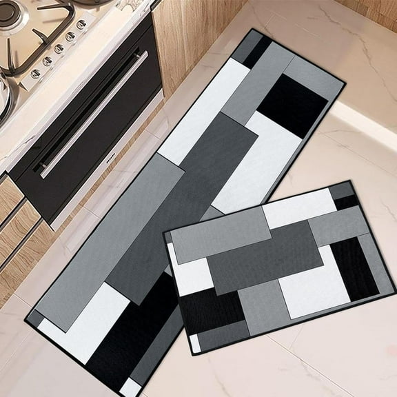 Black Grey Geometric Kitchen Rugs Set - Checked Black Grey Mats, Non-Skid Washable, Rustic Minimalist Runner Rug, Modern Abstract Kitchen Decor, Set of 2, Ideal for Contemporary Spaces