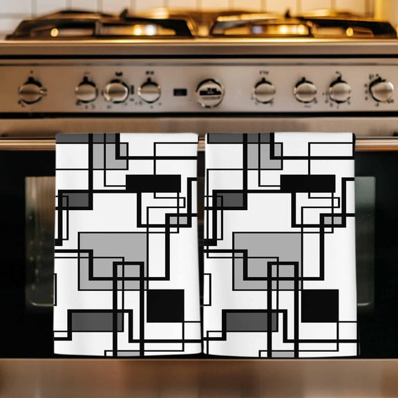 Black Grey Geometric Kitchen Towels Set of 1, Modern Abstract Lines Artwork Absorbent Dish Towels for Kitchen, Microfiber Hand Towel, Quick Drying Tea Towel for Cleaning Decorative Dishcloths