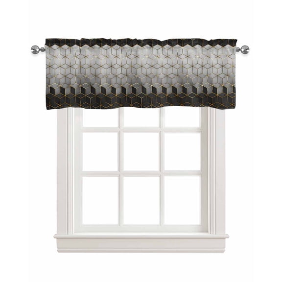 Black Grey Geometric Kitchen Valances for Windows Farmhouse Linen Window Valance Curtain for Living Room Window Treatment Gradient Gold Mottled Comb Grid Valance Rod Pocket Topper Drape, 42 x 18 Inch