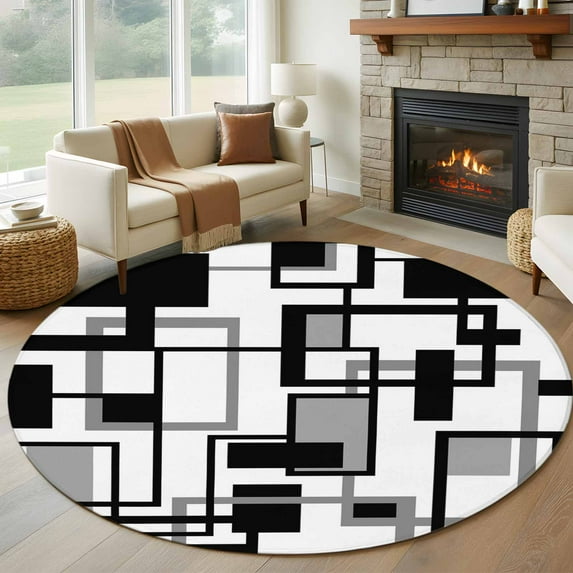 Black Grey Geometric Large Round Rug 8 FT, Non Slip Living Room Area Carpet, Modern Abstract Art White Washable Soft Circle Rug Non-Shedding Floor Carpet for Bedroom Office Dining Room