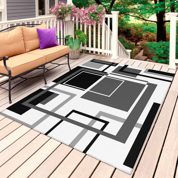 Black Grey Geometric Outdoor Rug for Patio/Deck/Porch, Non-Slip Large Area Rug 4 x 6 Ft, Gray Abstract Striped Art Indoor Outdoor Rugs Washable Area Rugs, Reversible Camping Rug Carpet Runner