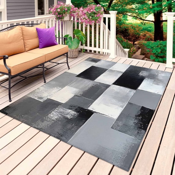 Black Grey Geometric Outdoor Rug for Patio/Deck/Porch, Non-Slip Large Area Rug 6 x 9 Ft, Modern Abstract Art Indoor Outdoor Rugs Washable Area Rugs, Reversible Camping Rug Carpet Runner