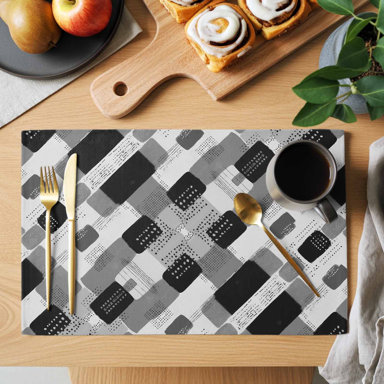 Black Grey Geometric Placemats Set of 8, Modern Abstract Black White ...